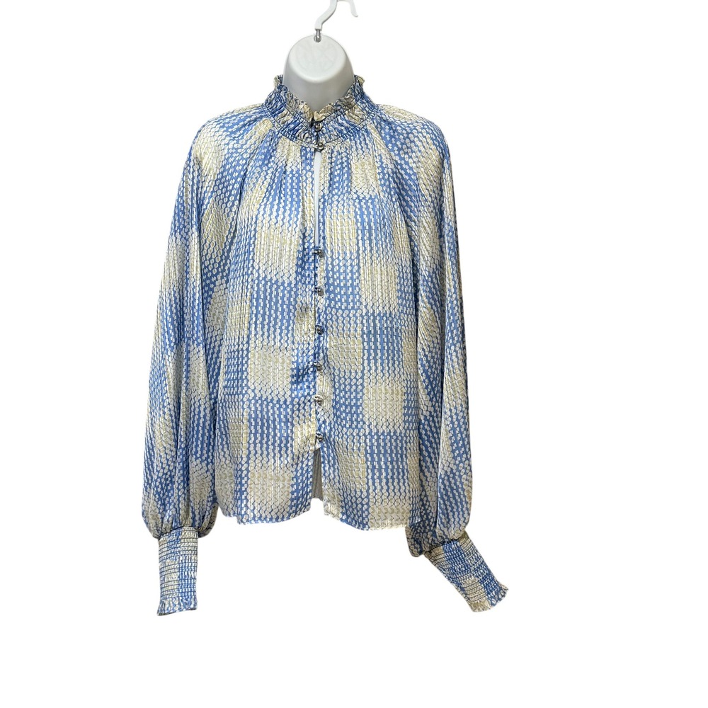 Ramy Brook Blue Cream Geometric Smocked High Neck Button Front Blouse Small S/P